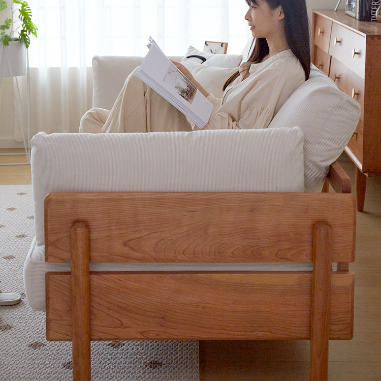 Chic Sofa in Beige and Light Brown with Green Accents and Cherry or Ash Wood Finish - Cotton Corduroy Fabric fcp-1295