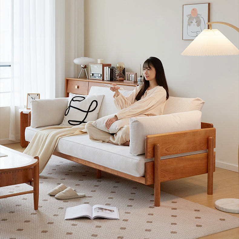 Chic Sofa in Beige and Light Brown with Green Accents and Cherry or Ash Wood Finish - Cotton Corduroy Fabric fcp-1295