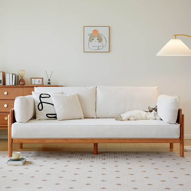 Chic Sofa in Beige and Light Brown with Green Accents and Cherry or Ash Wood Finish - Cotton Corduroy Fabric fcp-1295