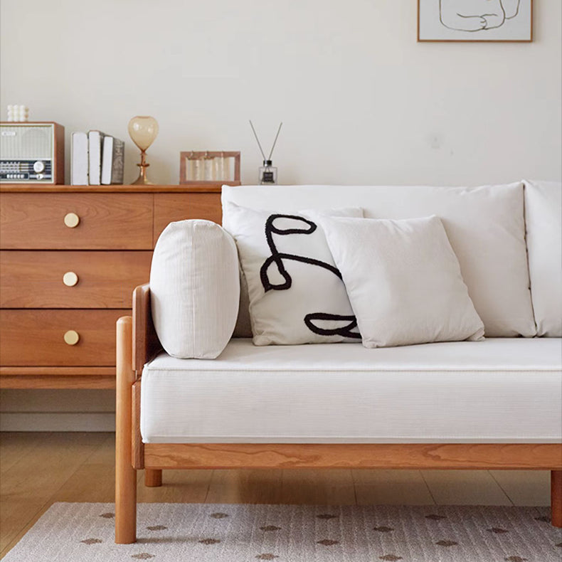 Chic Sofa in Beige and Light Brown with Green Accents and Cherry or Ash Wood Finish - Cotton Corduroy Fabric fcp-1295