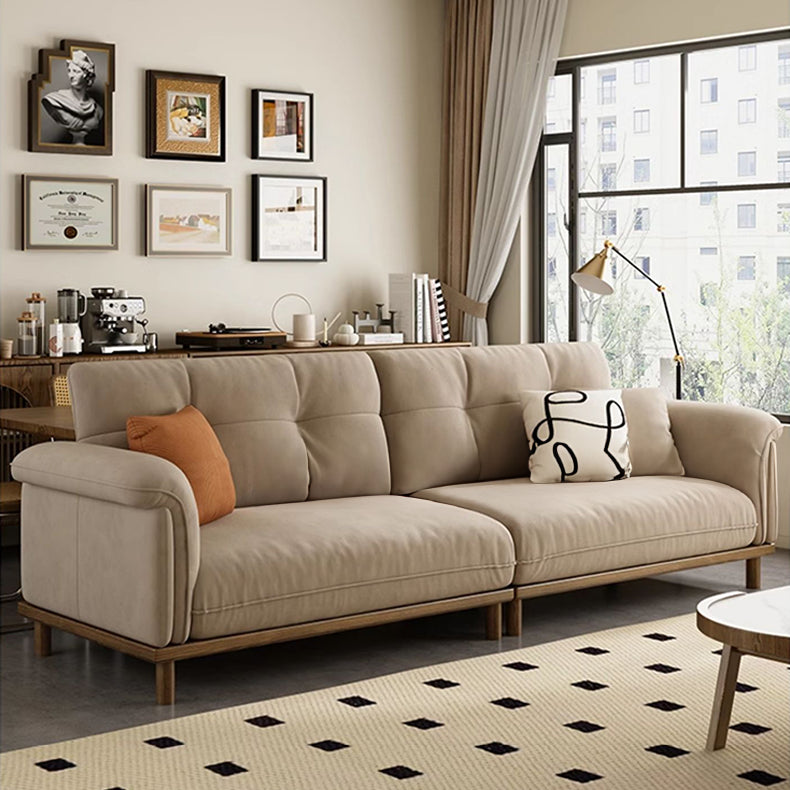 Elegant Beige Sofa with Light Brown Ash Wood Frame - Cotton & Faux Leather Upholstery fcp-1297