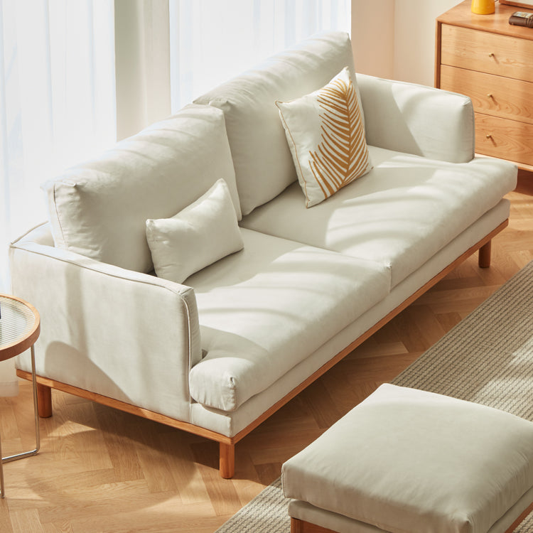 Luxury Goose Down Sofa with Light Gray Cotton and Beige Faux Leather Accents, Cherry Wood Frame fcp-1298