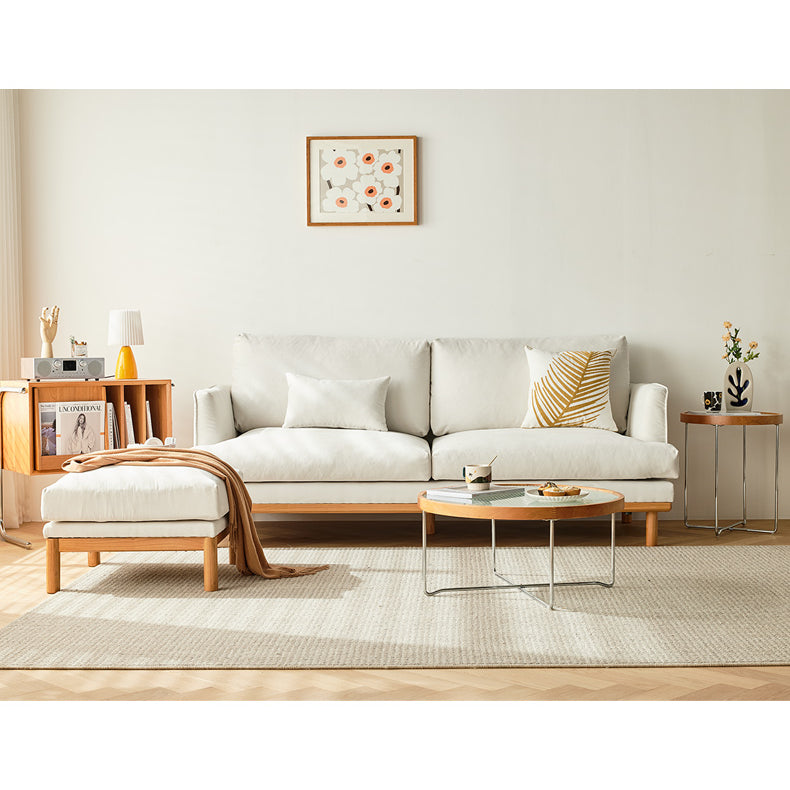 Luxury Goose Down Sofa with Light Gray Cotton and Beige Faux Leather Accents, Cherry Wood Frame fcp-1298