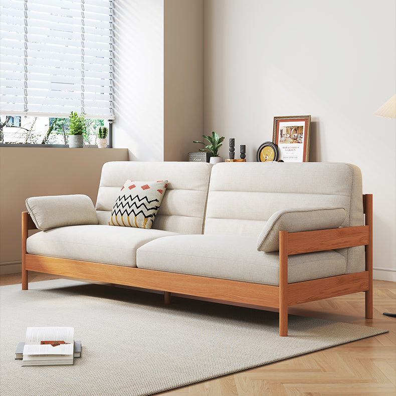 Elegant Cotton-Linen Sofa in White, Light Brown, and Gray with Cherry and Ash Wood Accents fcp-1299
