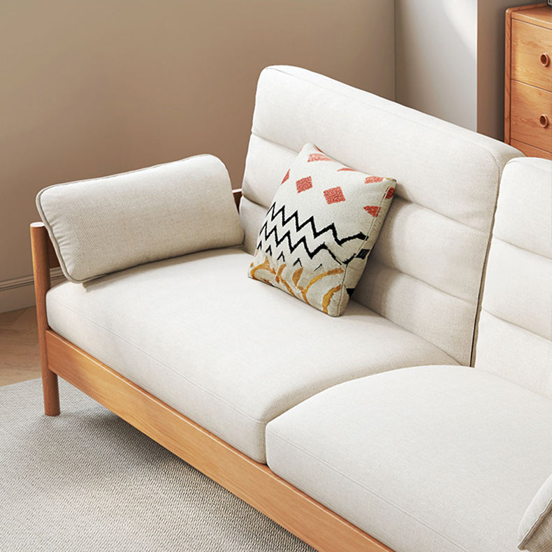Elegant Cotton-Linen Sofa in White, Light Brown, and Gray with Cherry and Ash Wood Accents fcp-1299