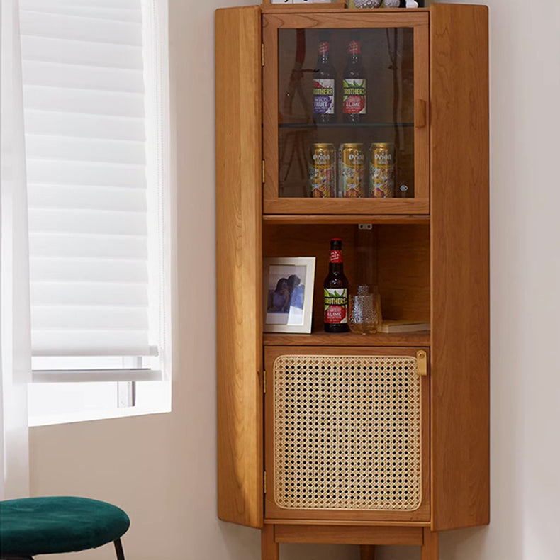 Elegant Natural Cherry Wood Cabinet with Glass Doors and Rattan Accents fcp-1306