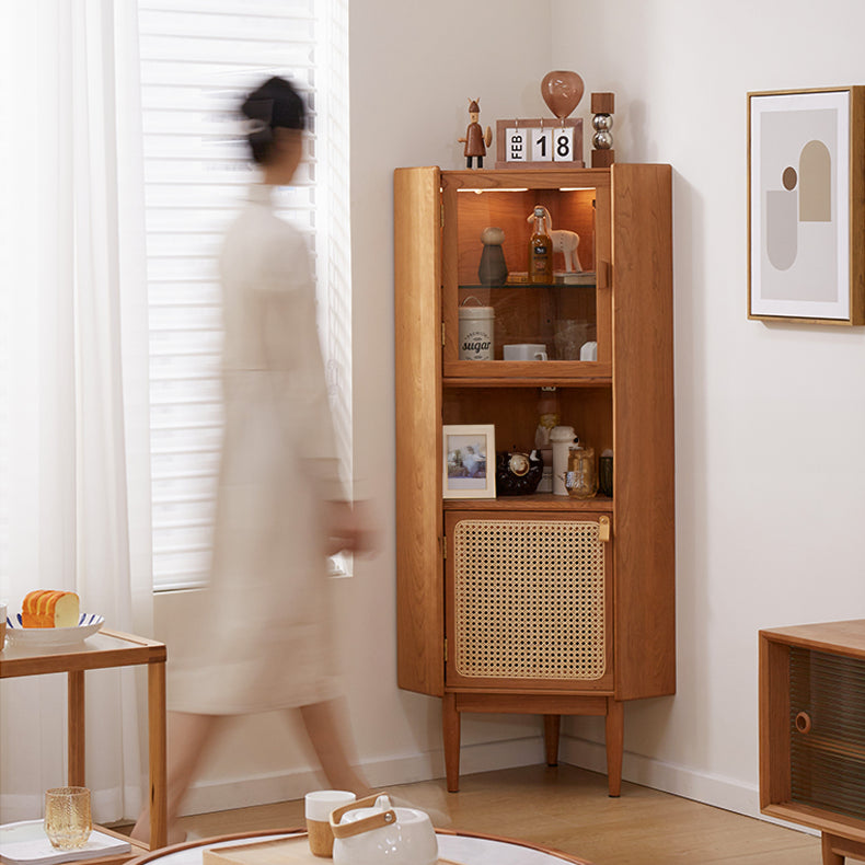 Elegant Natural Cherry Wood Cabinet with Glass Doors and Rattan Accents fcp-1306