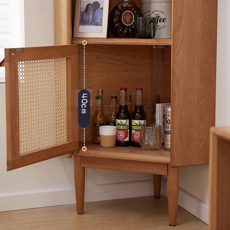 Elegant Natural Cherry Wood Cabinet with Glass Doors and Rattan Accents fcp-1306