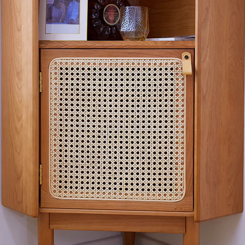 Elegant Natural Cherry Wood Cabinet with Glass Doors and Rattan Accents fcp-1306