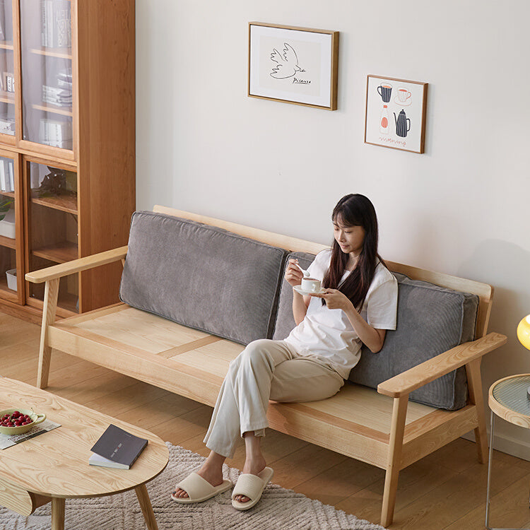 Stylish Beige Corduroy Sofa with Gray Brown Frame and Natural Ash Wood Accents fcp-1307