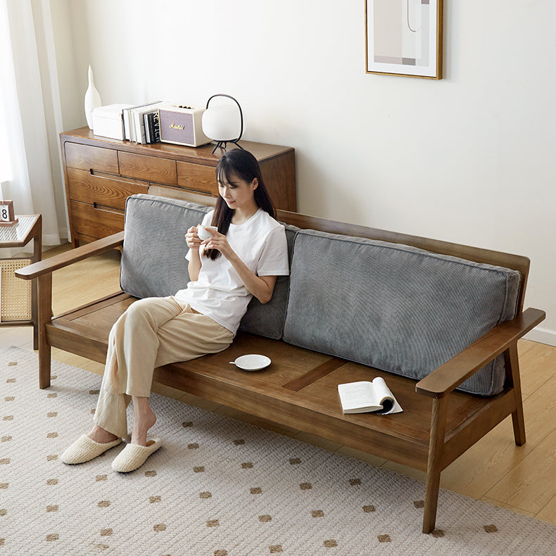 Stylish Beige Corduroy Sofa with Gray Brown Frame and Natural Ash Wood Accents fcp-1307