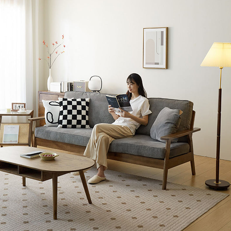 Stylish Beige Corduroy Sofa with Gray Brown Frame and Natural Ash Wood Accents fcp-1307