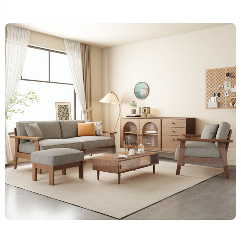 Stylish Beige Corduroy Sofa with Gray Brown Frame and Natural Ash Wood Accents fcp-1307