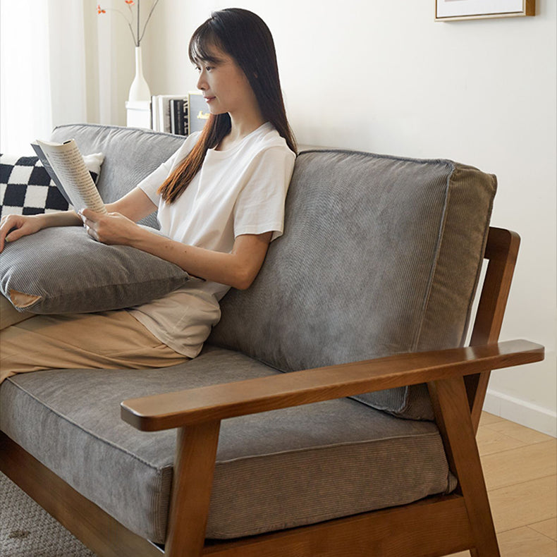 Stylish Beige Corduroy Sofa with Gray Brown Frame and Natural Ash Wood Accents fcp-1307