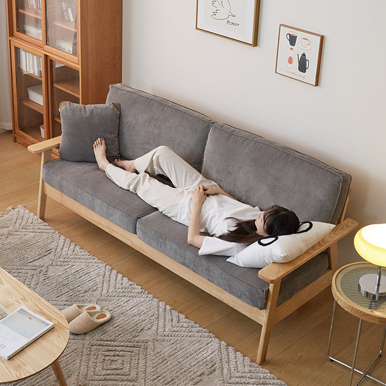 Stylish Beige Corduroy Sofa with Gray Brown Frame and Natural Ash Wood Accents fcp-1307