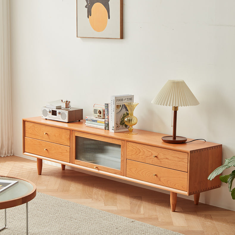 Elegant Natural Cherry Wood TV Cabinet with Zelkova Wood Shelving and Glass Doors fcp-1310