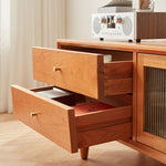 Elegant Natural Cherry Wood TV Cabinet with Zelkova Wood Shelving and Glass Doors fcp-1310