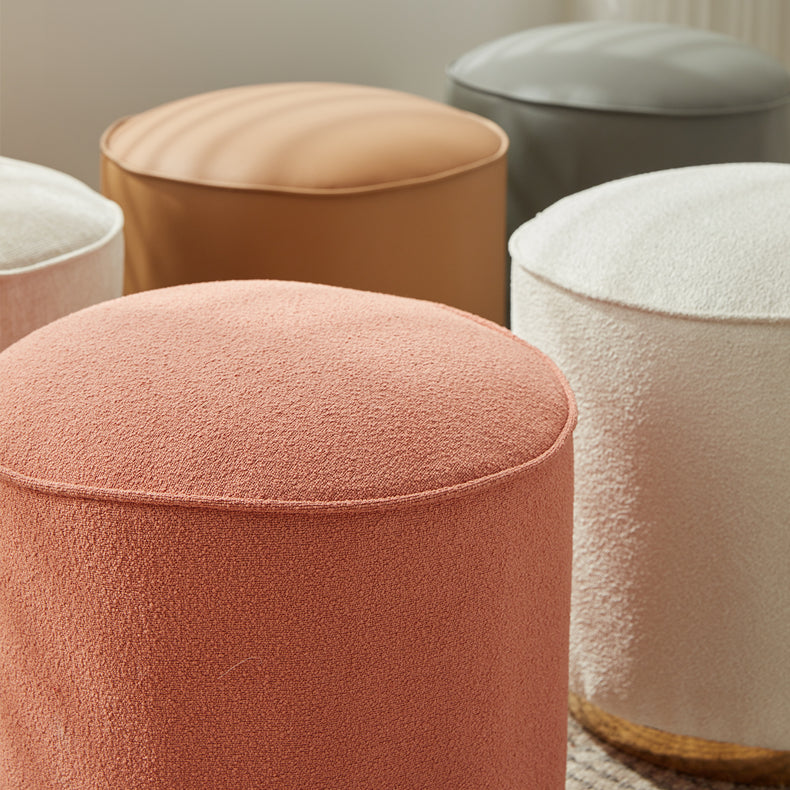 Chic Light Gray Cotton-Linen & Beige Brown Faux Leather Stool - Cozy White Sheep Boa & Pink Cotton-Linen Seat fcp-1313