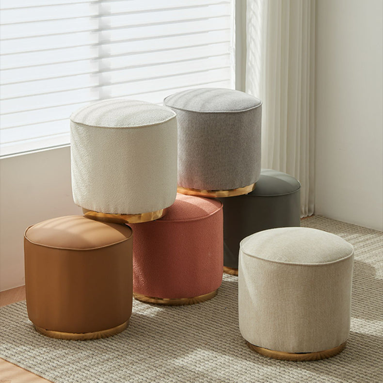 Chic Light Gray Cotton-Linen & Beige Brown Faux Leather Stool - Cozy White Sheep Boa & Pink Cotton-Linen Seat fcp-1313