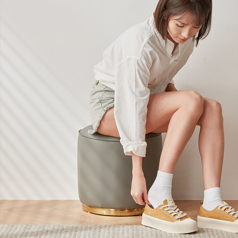 Chic Light Gray Cotton-Linen & Beige Brown Faux Leather Stool - Cozy White Sheep Boa & Pink Cotton-Linen Seat fcp-1313