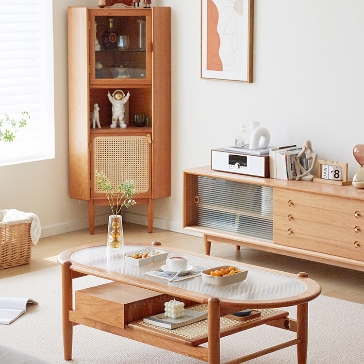 Elegant Natural Cherry Wood and Rattan Tea Table - Handcrafted Accent Furniture fcp-1320