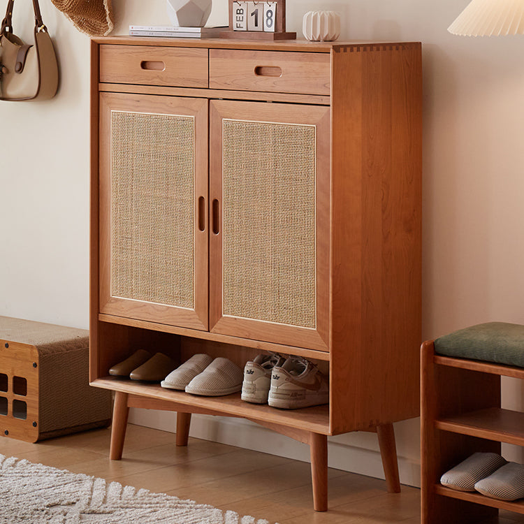 Elegant Natural Cherry Wood Cabinet with Rattan Inlays - Perfect for Stylish Living Spaces fcp-1323