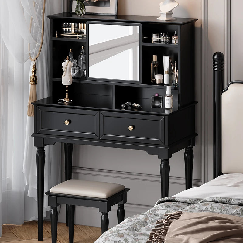 Elegant Black Makeup Table with Multi-Layer Board and Glass - Stylish Vanity Set for Your Beauty Routine fcr-4824