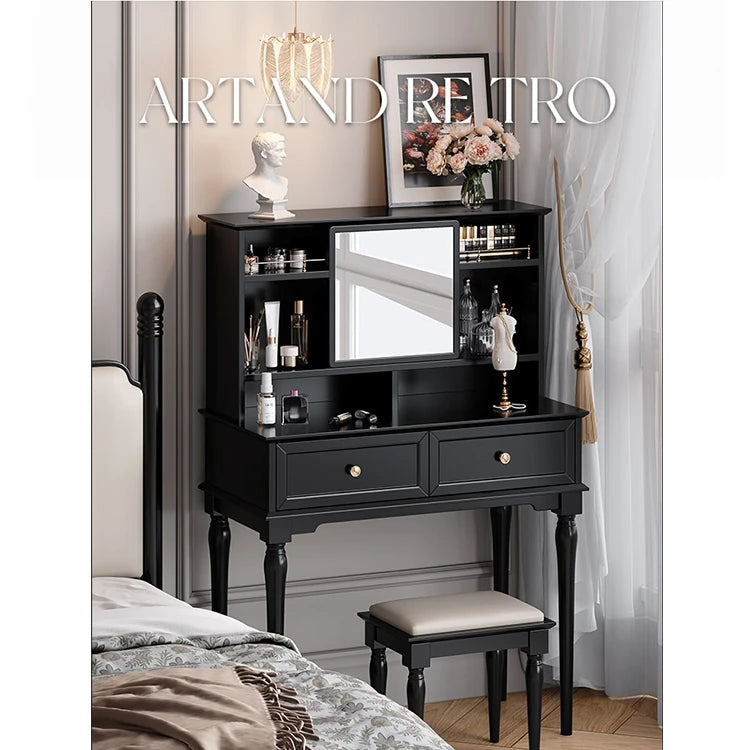 Elegant Black Makeup Table with Multi-Layer Board and Glass - Stylish Vanity Set for Your Beauty Routine fcr-4824