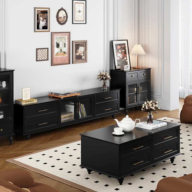 Stylish Multi-Layer Board Tea Table with Storage Drawers - Modern Black Finish for Living Room Elegance fcr-4829