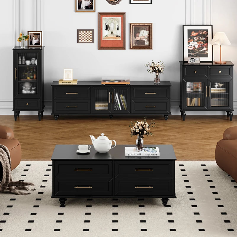 Stylish Multi-Layer Board Tea Table with Storage Drawers - Modern Black Finish for Living Room Elegance fcr-4829