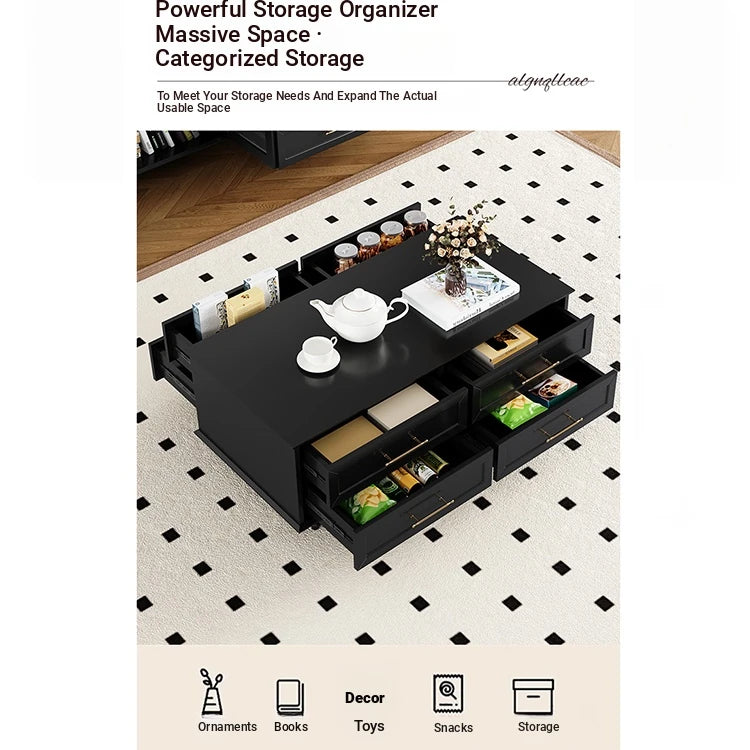 Stylish Multi-Layer Board Tea Table with Storage Drawers - Modern Black Finish for Living Room Elegance fcr-4829