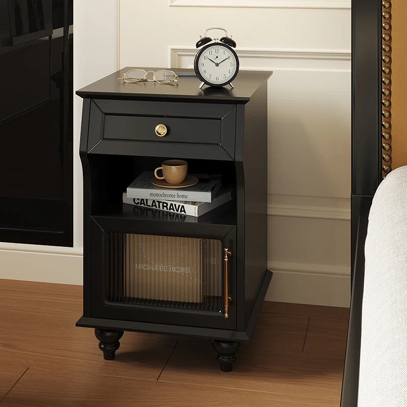 Stylish Black Bedside Cupboard with Drawer and Glass Door - Multi-layer Board Furniture for Bedroom Storage fcr-4830