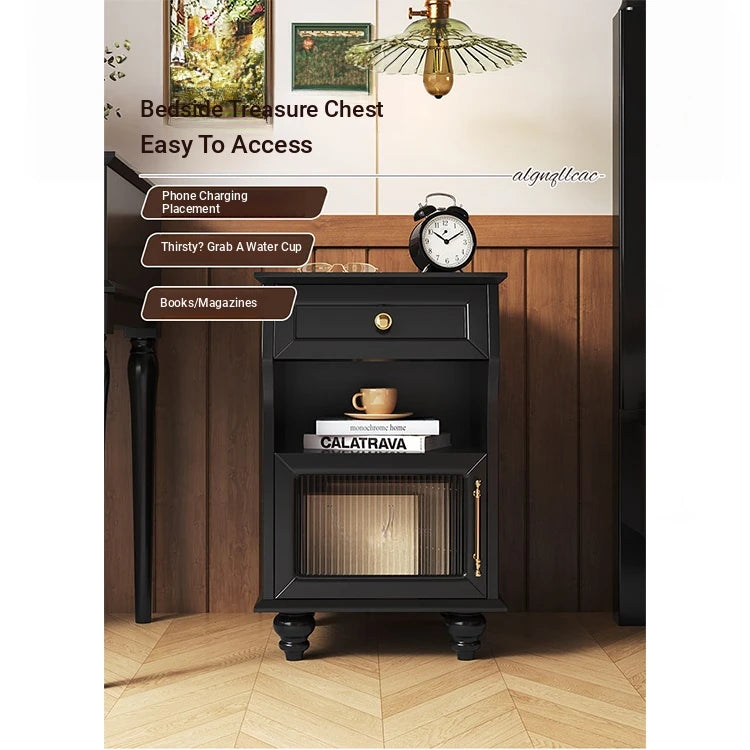 Stylish Black Bedside Cupboard with Drawer and Glass Door - Multi-layer Board Furniture for Bedroom Storage fcr-4830