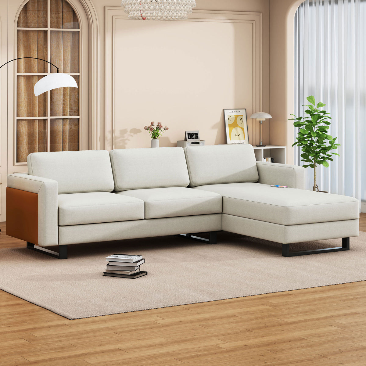 SOFA The best choice products upholstered sectional sofa for families, apartments, dormitories, award rooms, compact space with chaise longue, 3 seats, L-shaped design,off-white W1793S00004-djyc