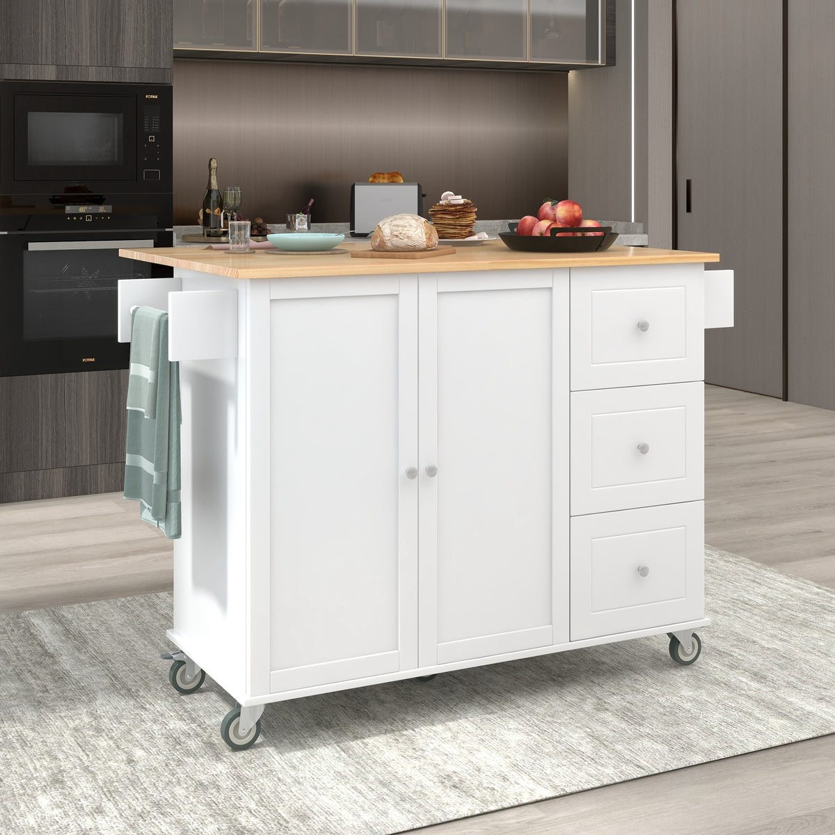 Rolling Mobile Kitchen Island with Solid Wood Top and Locking Wheels,52.7 Inch Width,Storage Cabinet and Drop Leaf Breakfast Bar,Spice Rack, Towel Rack & Drawer (White) WF287035AAW-djyc