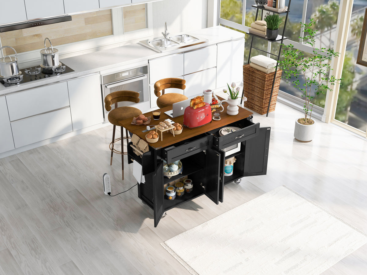 K&K 53.5''Farmhouse Kitchen Island with Power Outlet, Kitchen Storage Island with Drop Leaf, Spice Rack and Drawer, Rolling Kitchen Cart on Wheels, for Home, Kitchen and Dining Room, Black N707P170348B-djyc