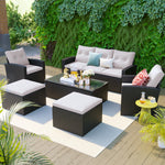 GO 6-piece All-Weather Wicker PE rattan Patio Outdoor Dining Conversation Sectional Set with coffee table, wicker sofas, ottomans, removable cushions (Black wicker, Beige cushion) FG201201AAA-djyc