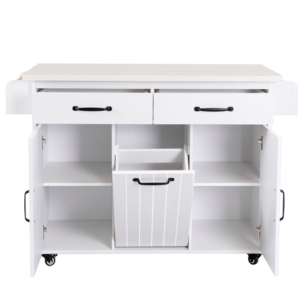 K&K Kitchen Island with Trash Can Storage Cabinet, Kitchen Cart with Drop Leaf, Spice Rack, Towel Rack and Drawer, Rolling Kitchen Island on Wheels with Adjustable Shelf, White WF326381AAW-djyc