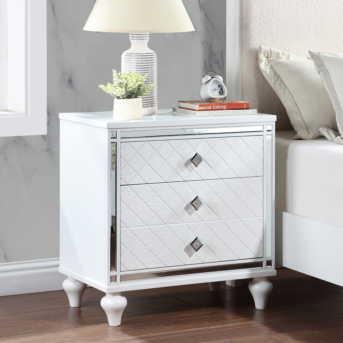 Contemporary Nightstands with mirror frame accents, Bedside Table with two drawers and one hidden drawer, End Table with Crystal Pull for Living Room,Bedroom, White W1998131730-djyc