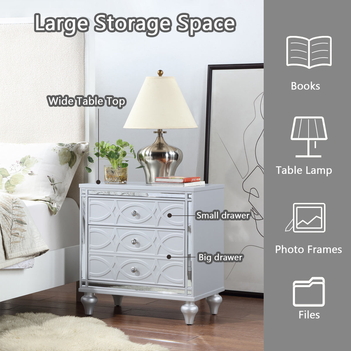 Contemporary Nightstands with mirror frame accents, Bedside Table with two drawers and one hidden drawer, End Table with Crystal Pull for Living Room,Bedroom, Silver W1998131734-djyc