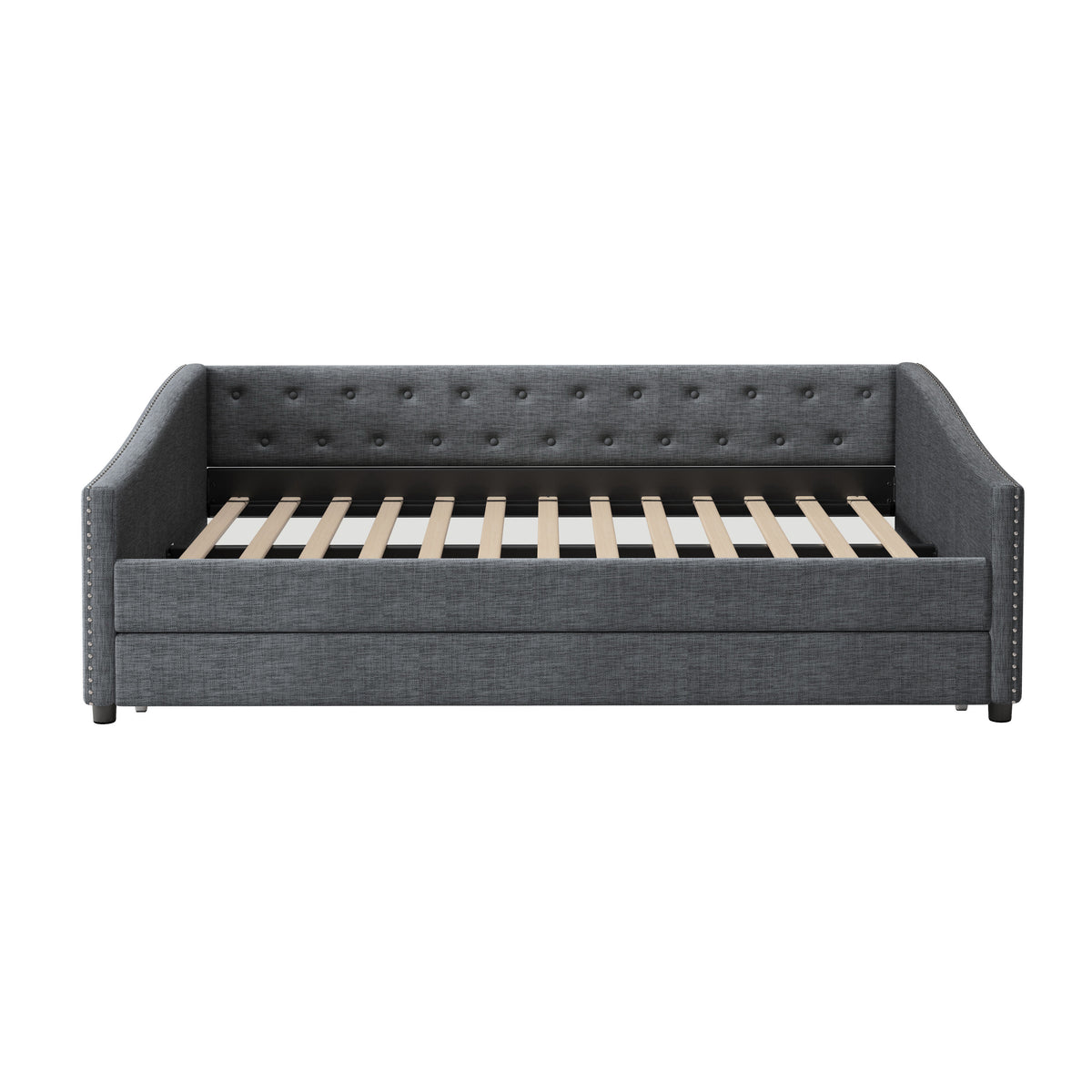 Full Size Daybed with Twin Size Trundle Upholstered Tufted Sofa Bed, with Button on Back and Copper Nail on Waved Shape Arms-Dark Grey W2336S00010-djyc