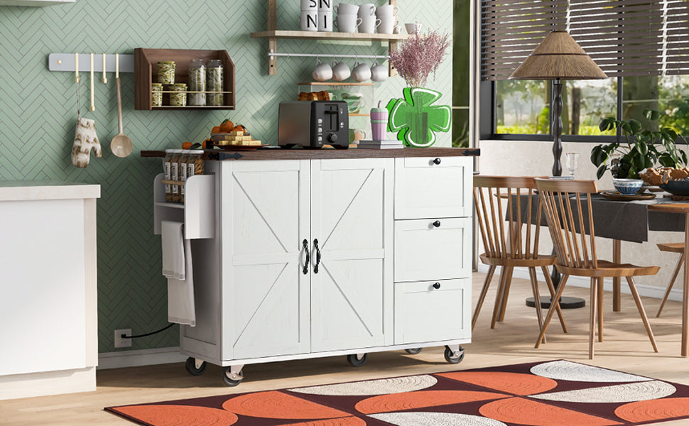 K&K 54.5" Farmhouse Kitchen Island with Power Outlet, Kitchen Storage Islandwith Internal Storage Rack, Drop Leaf, Spice Rack, Rolling Kitchen Cart on Wheels, for Home, Kitchen and Dining Room,White N707P170349W-djyc