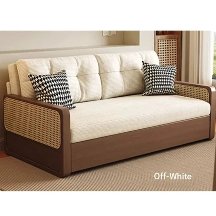 Stylish Solid Wood Sofa with Corduroy Cushions and Rattan Accents - Perfect for Modern Living Rooms fdh-3111
