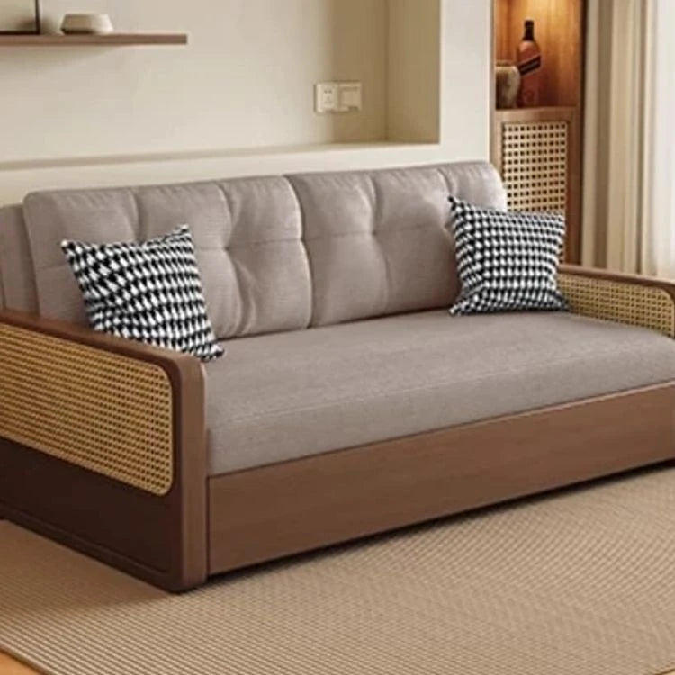 Stylish Solid Wood Sofa with Corduroy Cushions and Rattan Accents - Perfect for Modern Living Rooms fdh-3111