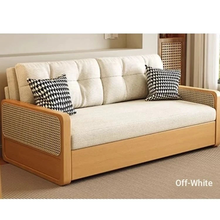 Stylish Solid Wood Sofa with Corduroy Cushions and Rattan Accents - Perfect for Modern Living Rooms fdh-3111