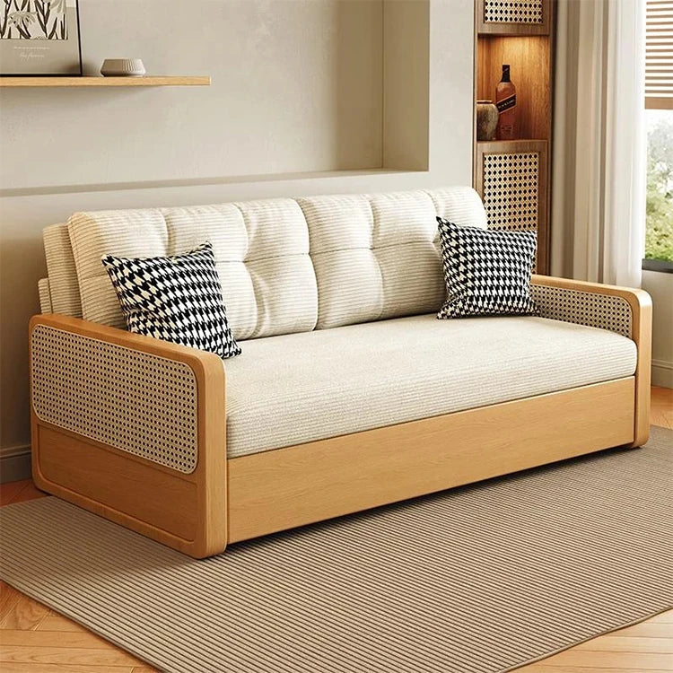 Stylish Solid Wood Sofa with Corduroy Cushions and Rattan Accents - Perfect for Modern Living Rooms fdh-3111