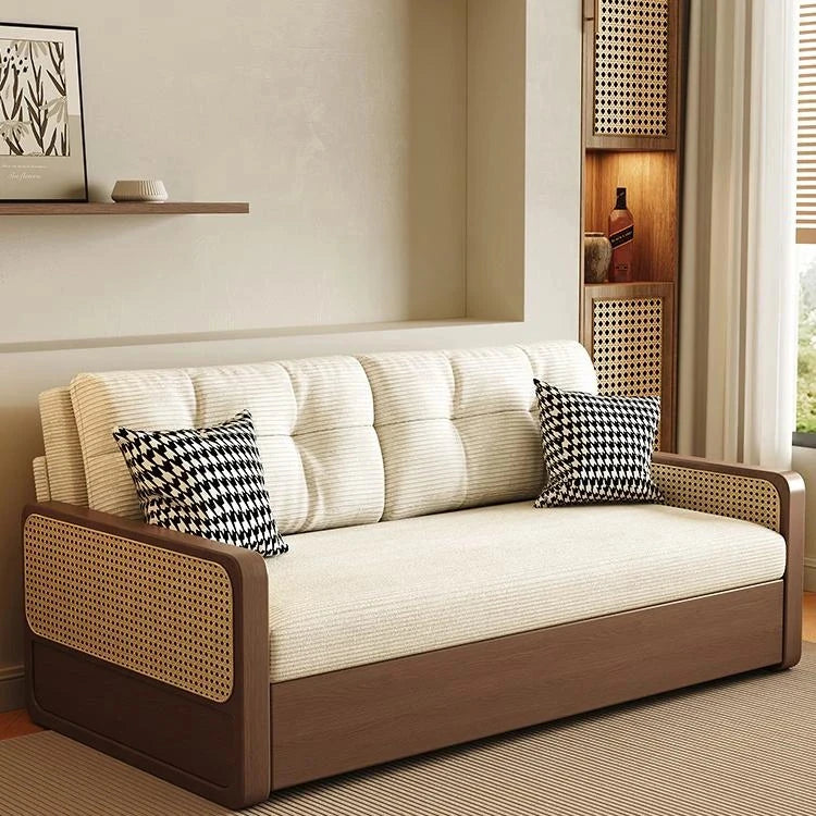 Stylish Solid Wood Sofa with Corduroy Cushions and Rattan Accents - Perfect for Modern Living Rooms fdh-3111