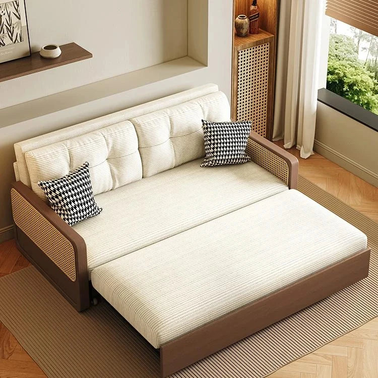 Stylish Solid Wood Sofa with Corduroy Cushions and Rattan Accents - Perfect for Modern Living Rooms fdh-3111
