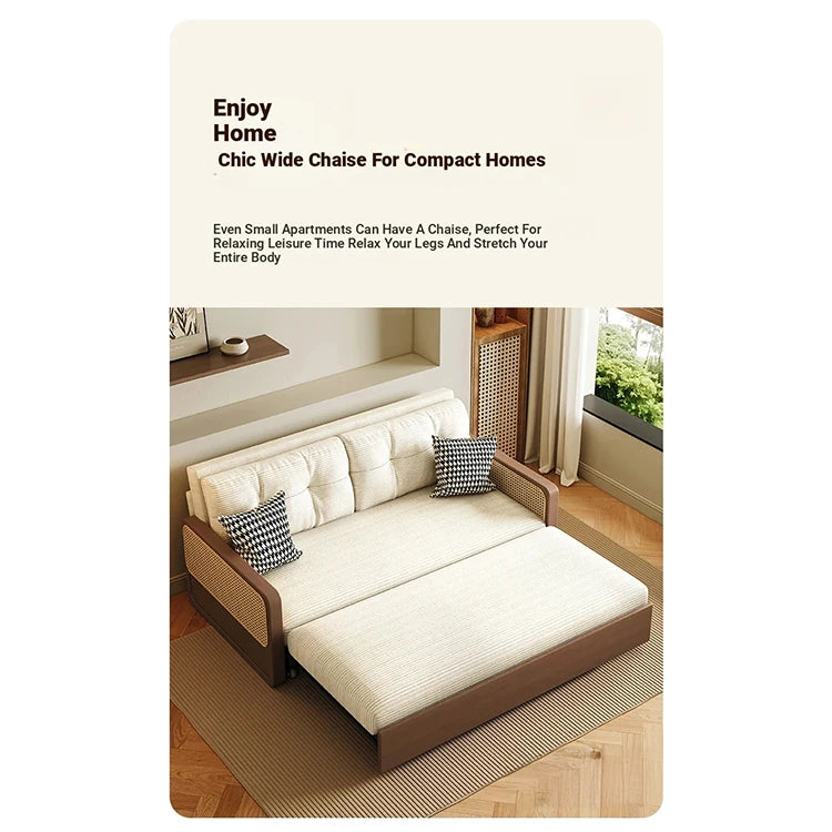 Stylish Solid Wood Sofa with Corduroy Cushions and Rattan Accents - Perfect for Modern Living Rooms fdh-3111