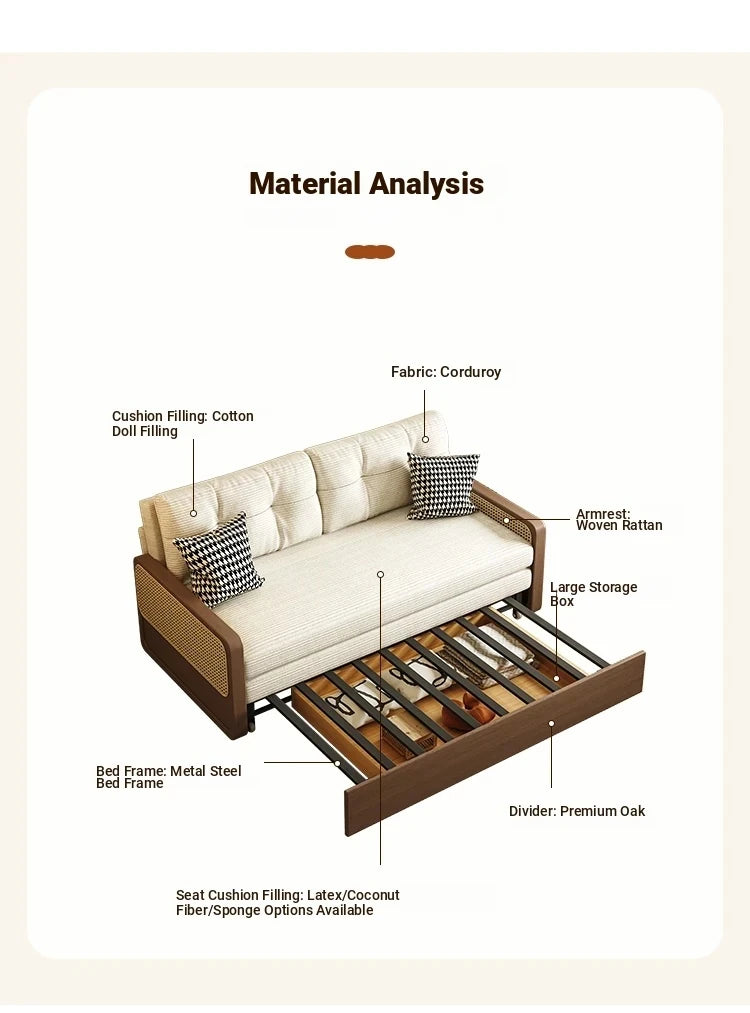 Stylish Solid Wood Sofa with Corduroy Cushions and Rattan Accents - Perfect for Modern Living Rooms fdh-3111